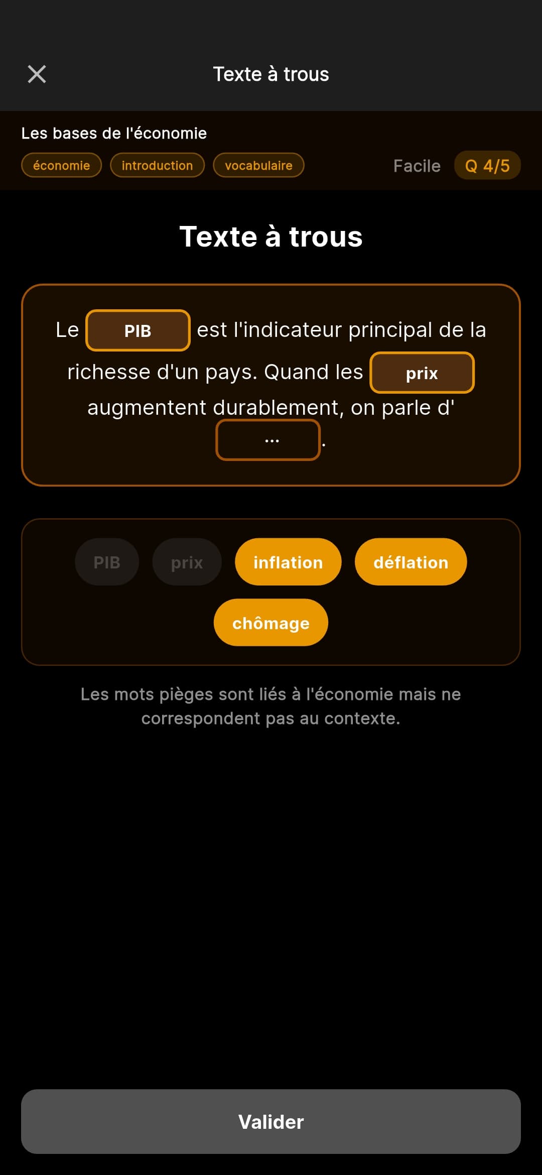 Mini-jeu texte à trou